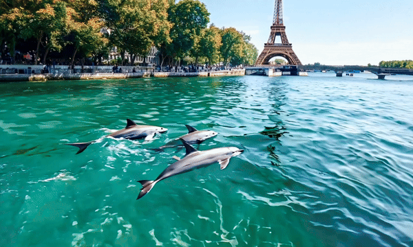 Endless loop of dolphins swimming in La Seine