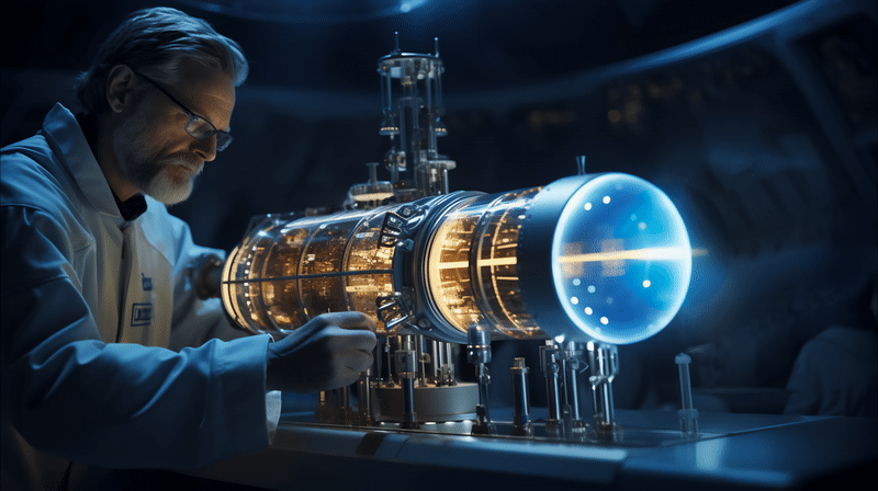 Cinemagraph of a scientist working on a hydrogen space shuttle engine