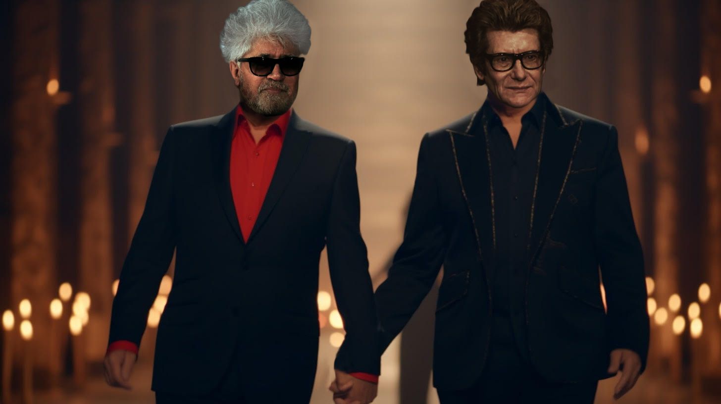 YSL and Almodovar walking hand in hand in a church
